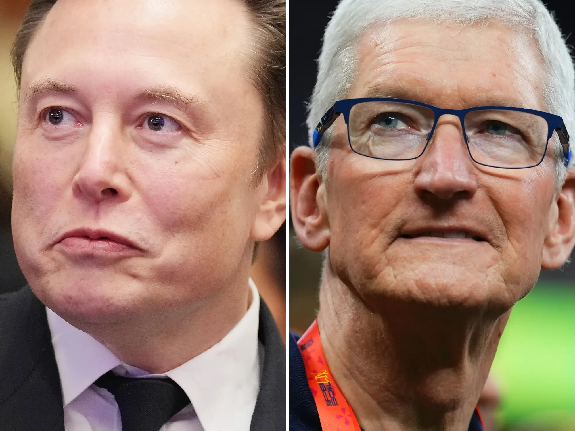 Headshots of Elon Musk and Tim Cook