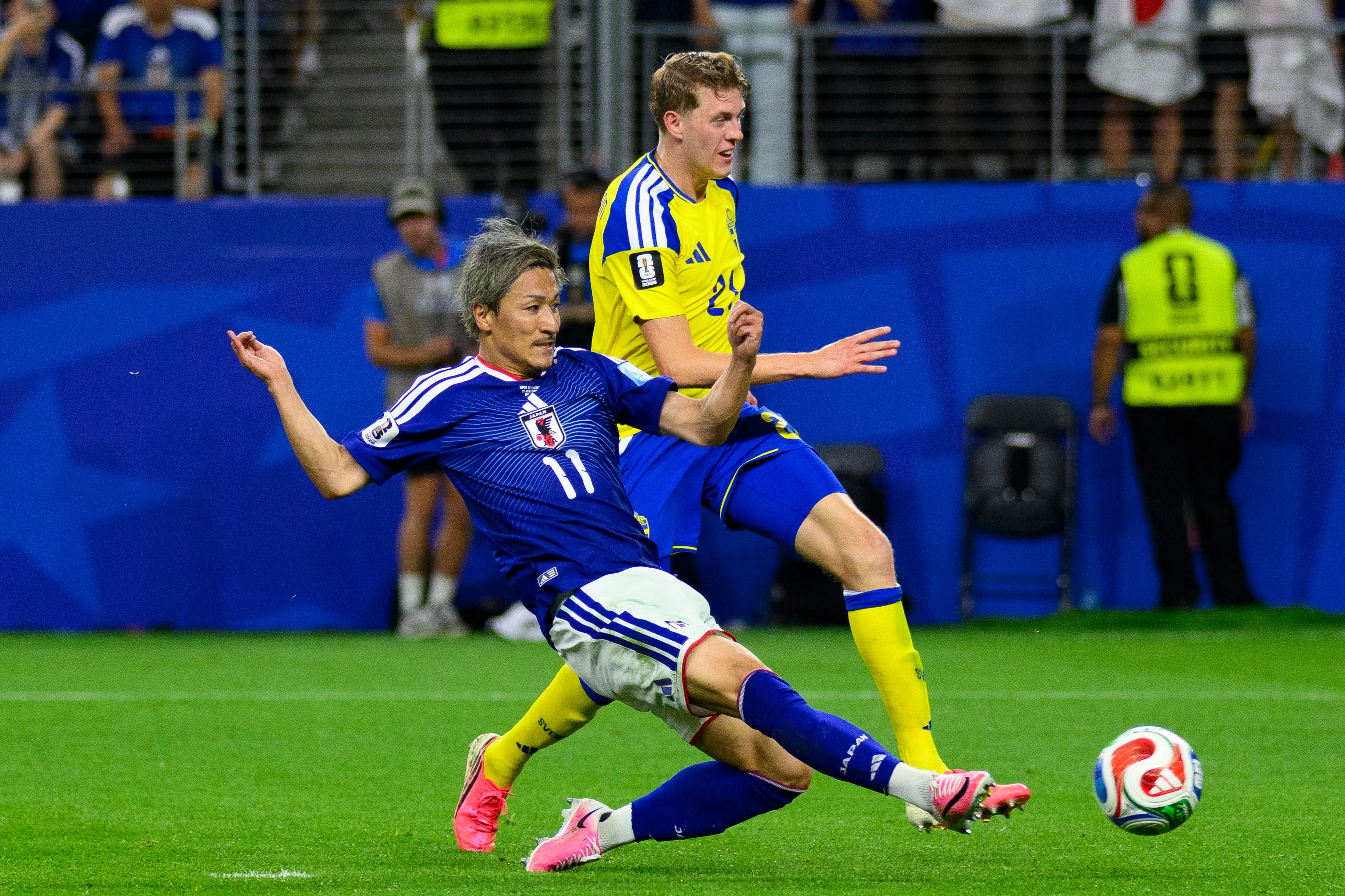 Daizen Maeda of Japan attempts a kick to score his team's goal during the FIFA World Cup 2026 Group F match.