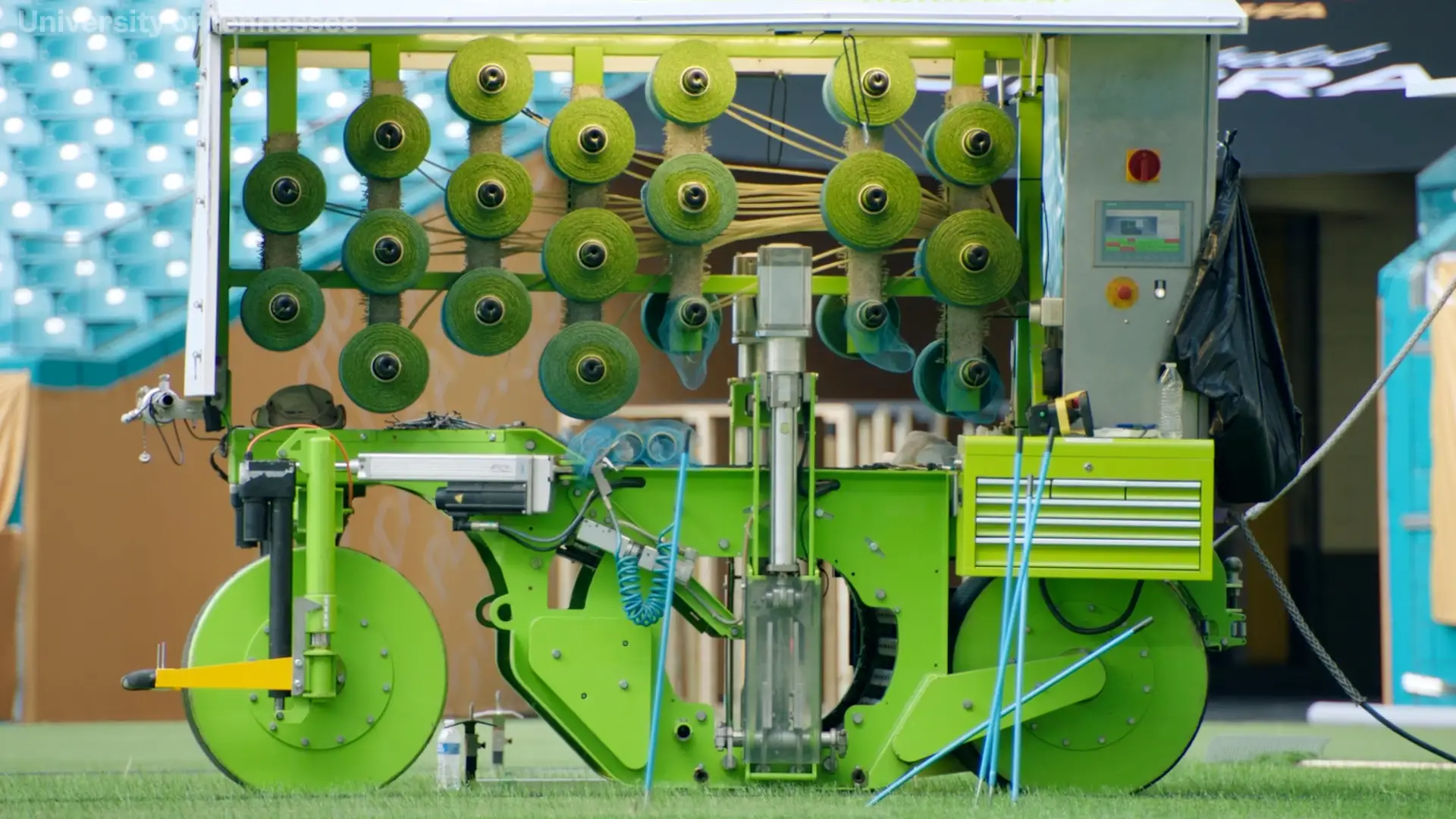 Zamboni-like machine stitches synthetic fibers beneath the surface to reinforce it.
