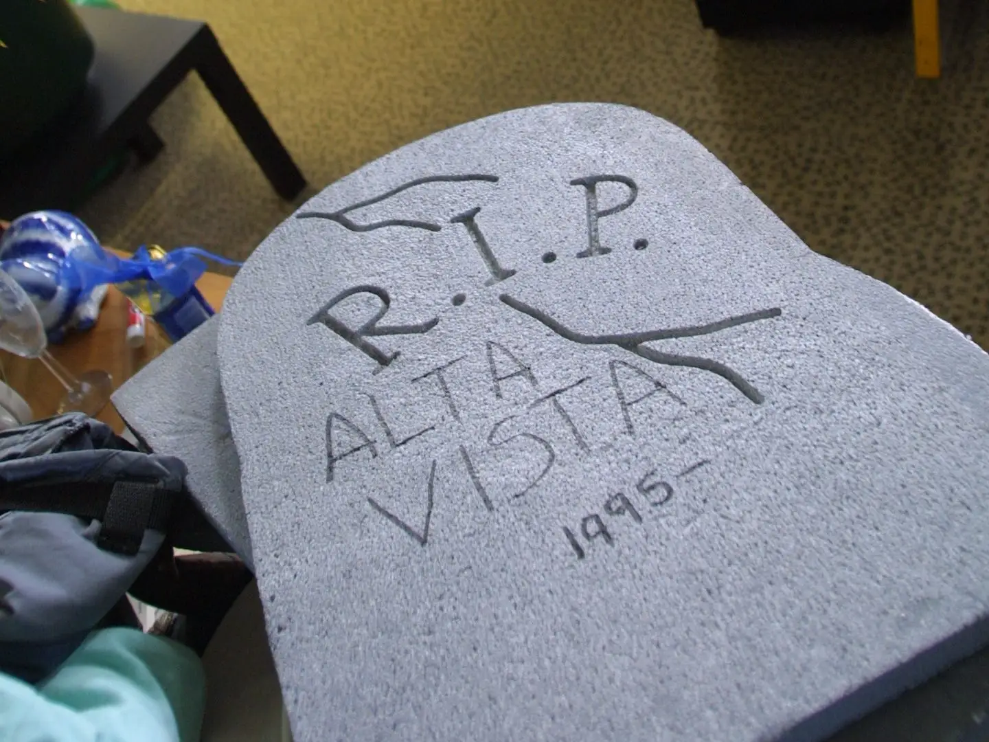 A fake tombstone announcing the 