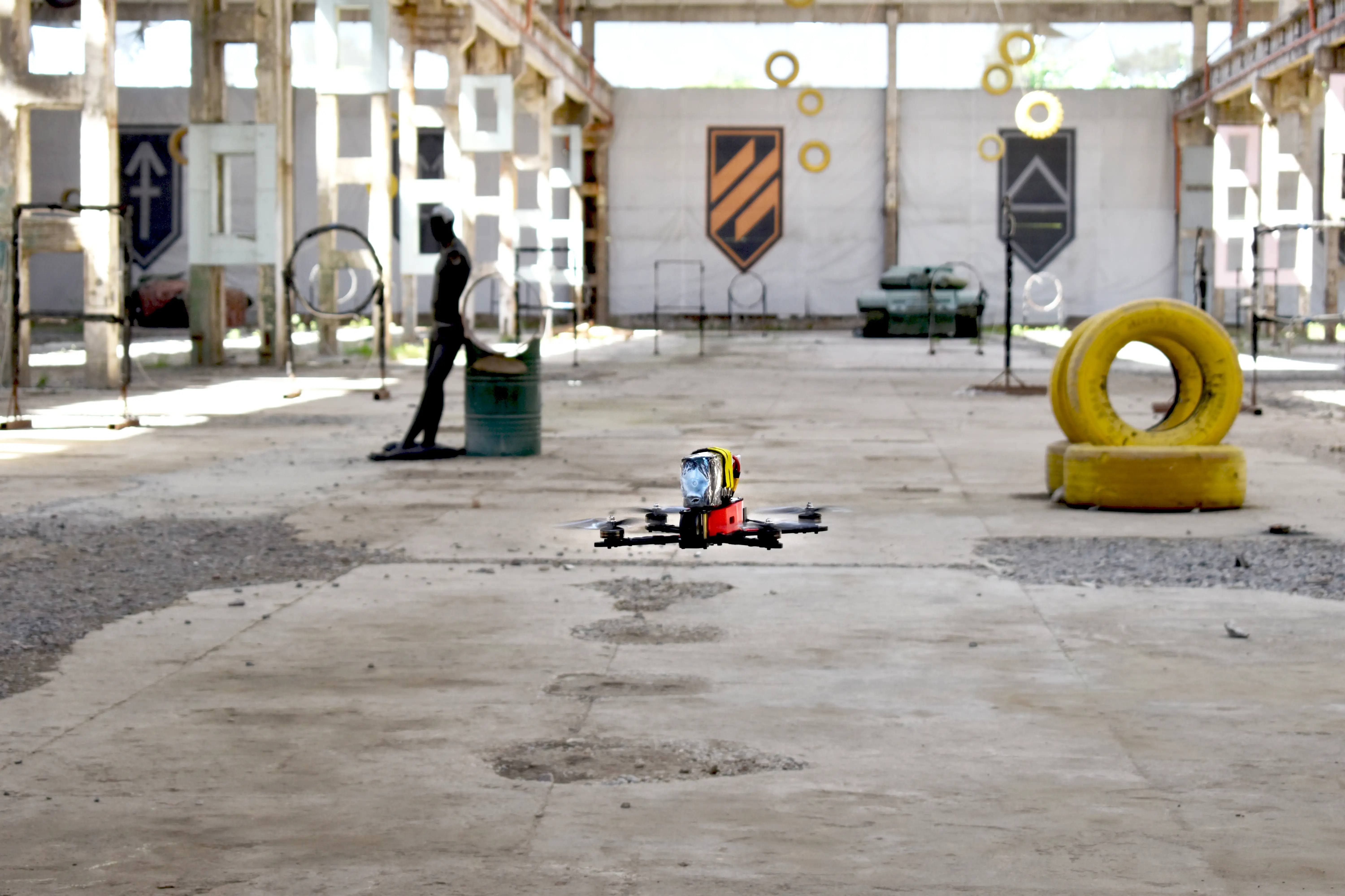 A drone flies at the Killhouse Academy in Ukraine.
