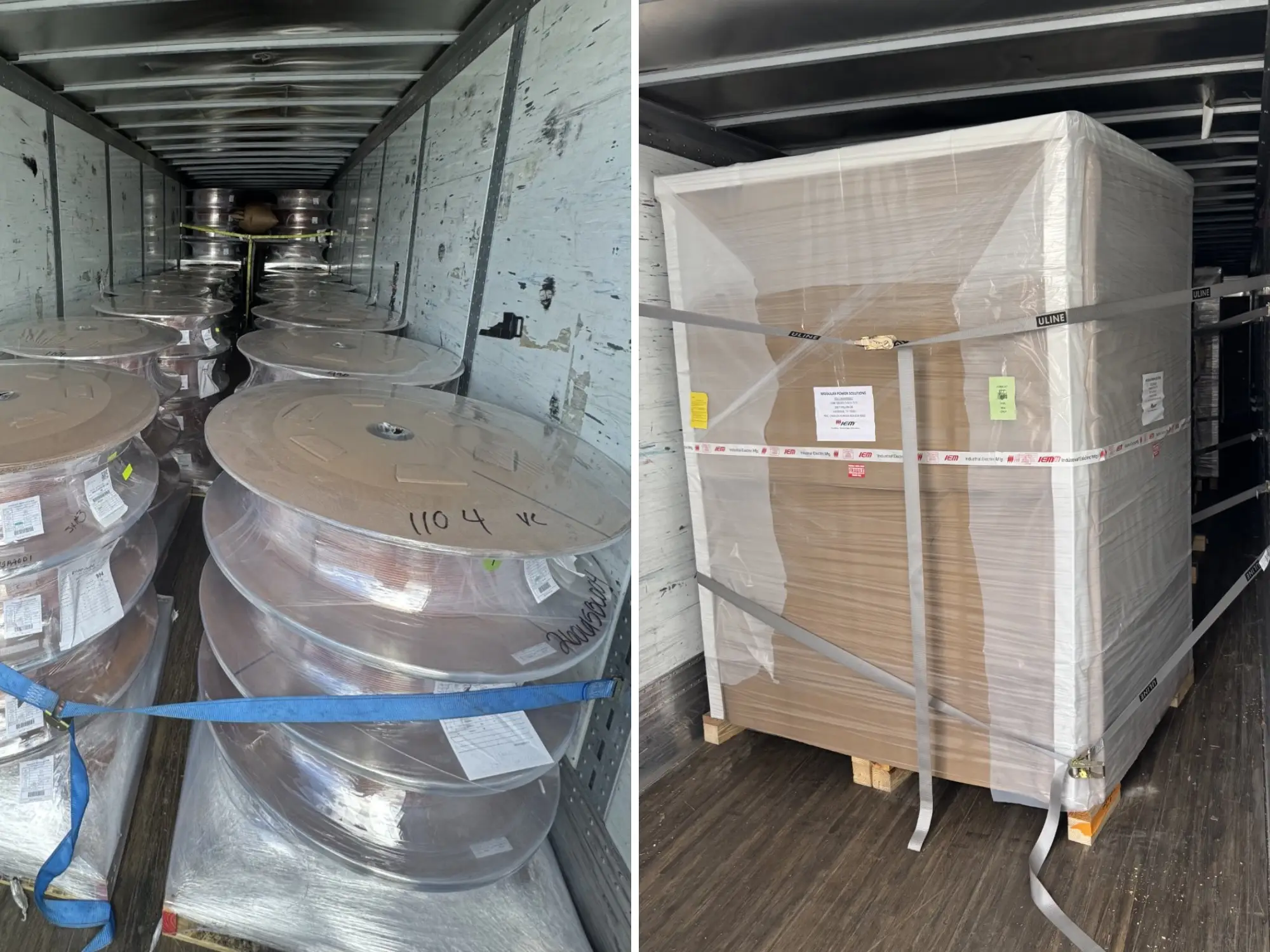 Wrapped cable reels and a palletized crate are secured inside a truck trailer with straps.