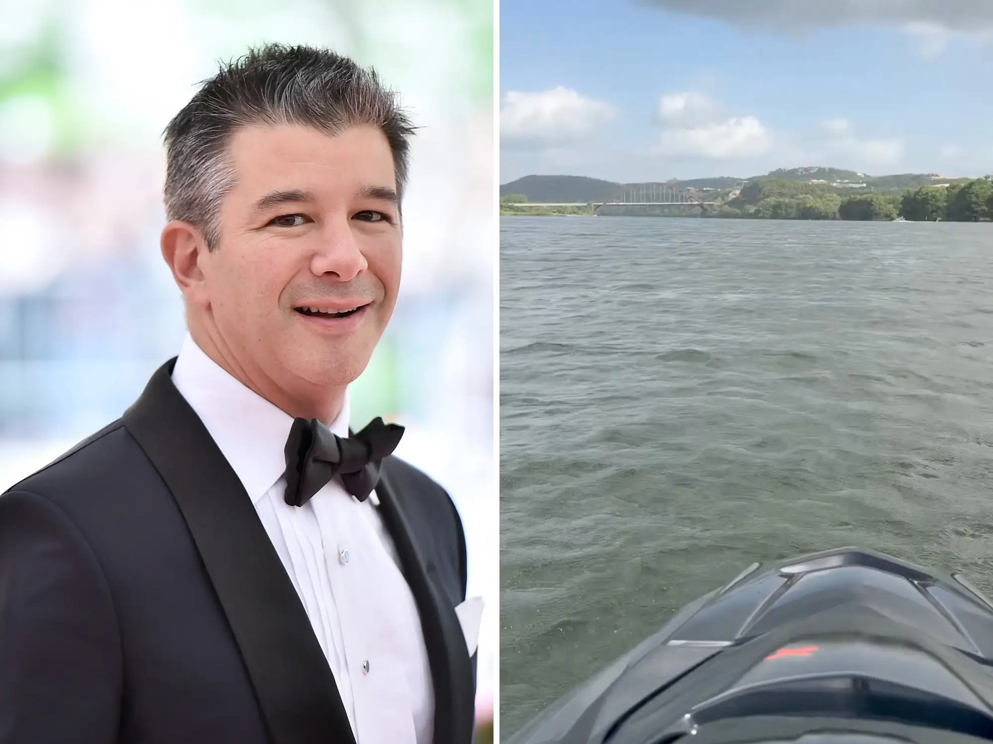 Uber cofounder and Atoms CEO Travis Kalanick is pictured on the left. On the right is a screenshot from a video Kalanick posted with his jet ski.