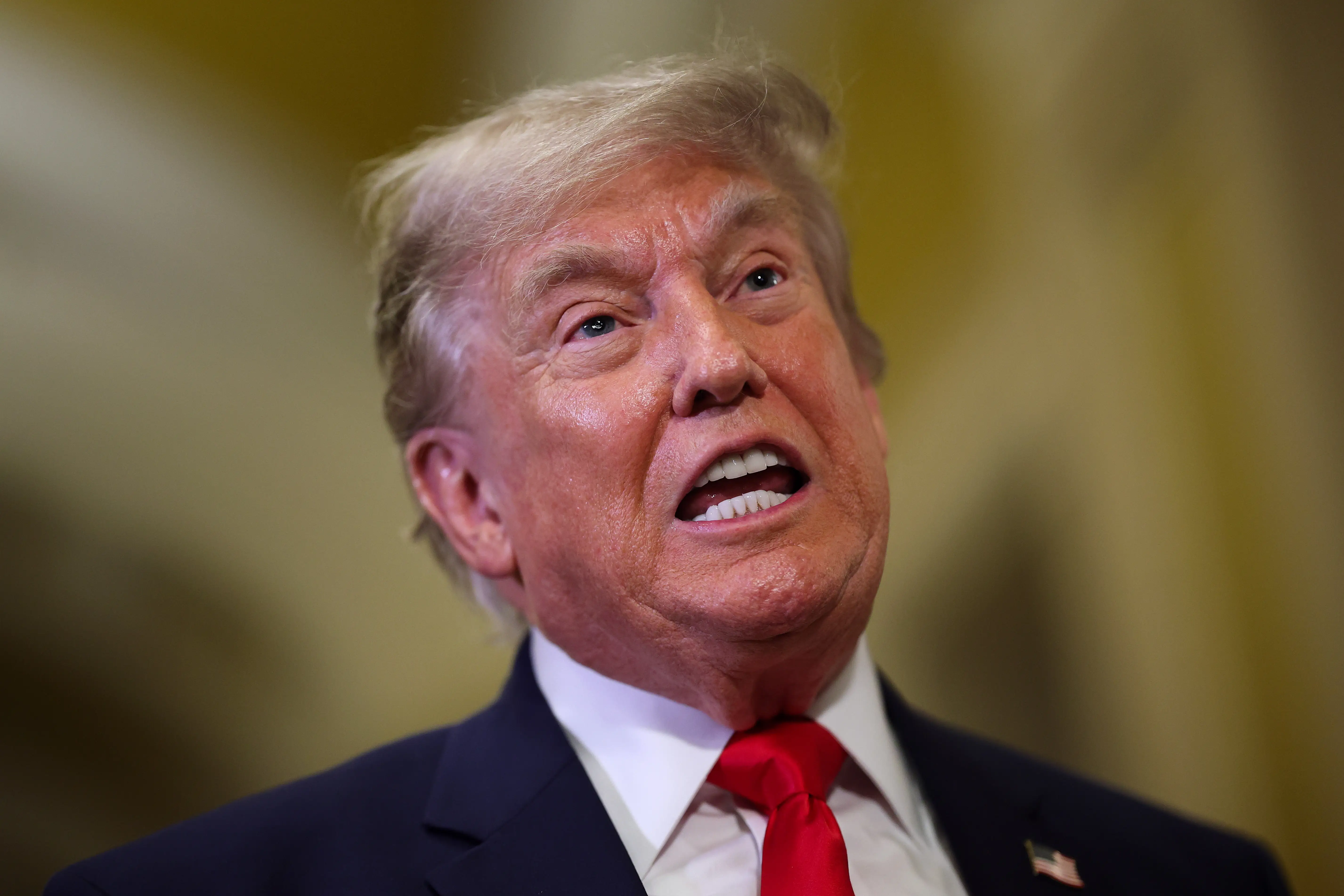 U.S. President Donald Trump speaks to the media as he departs after meeting with Republican senators at the U.S. Capitol on June 24, 2026 in Washington, DC.