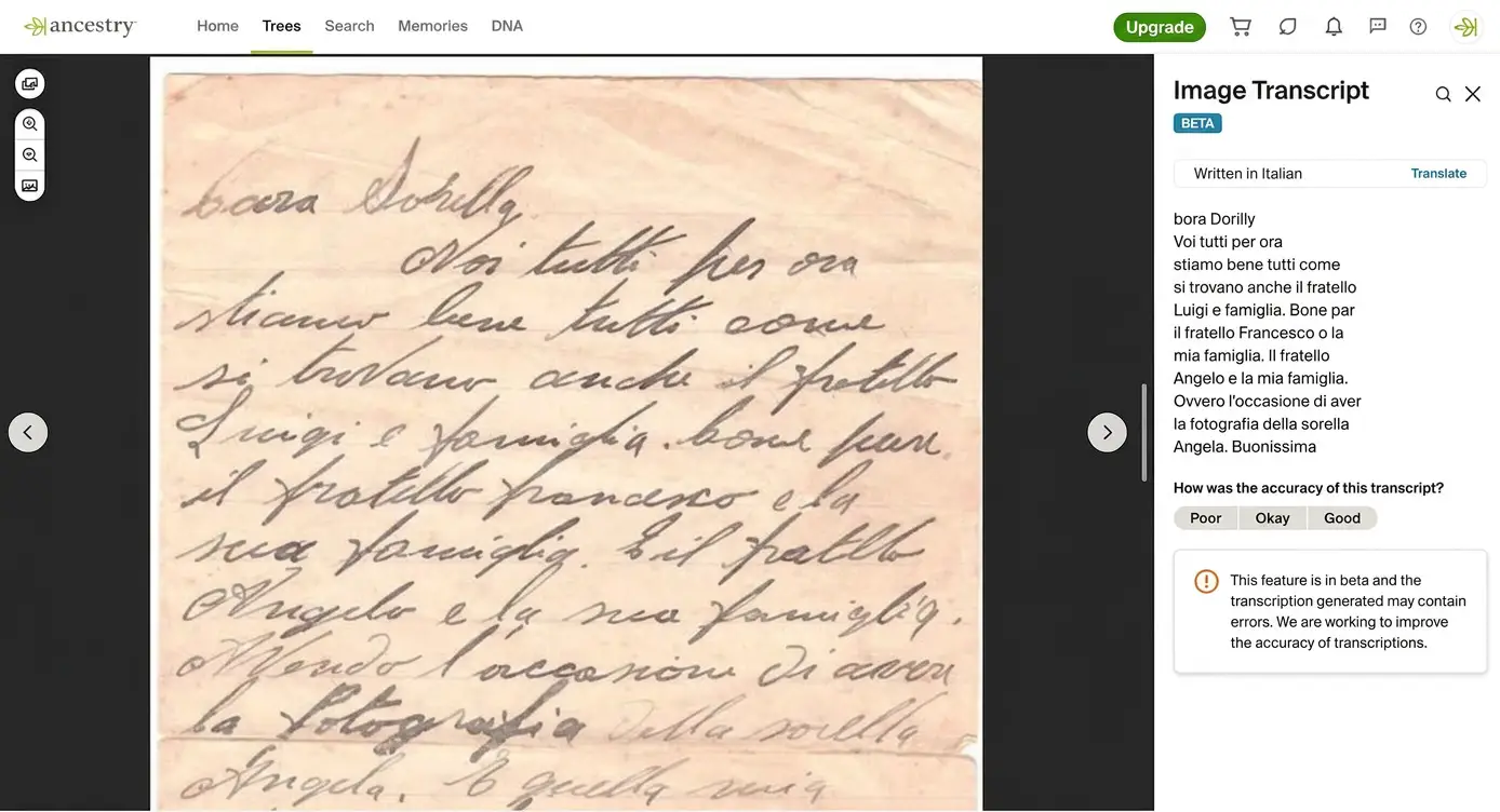 An example of Ancestry's handwritten note transcription tool, which is powered by AI.