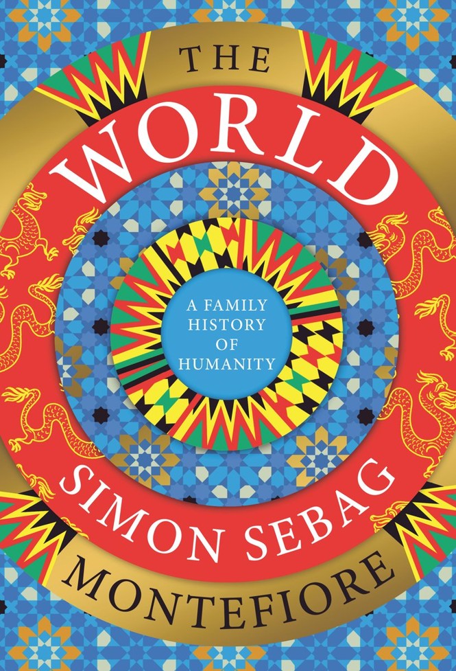 Cover of the book, “The World: A Family History of Humanity.” The cover features gold, red, and yellow rings encircling one another with a blue mosaic-patterned backdrop.