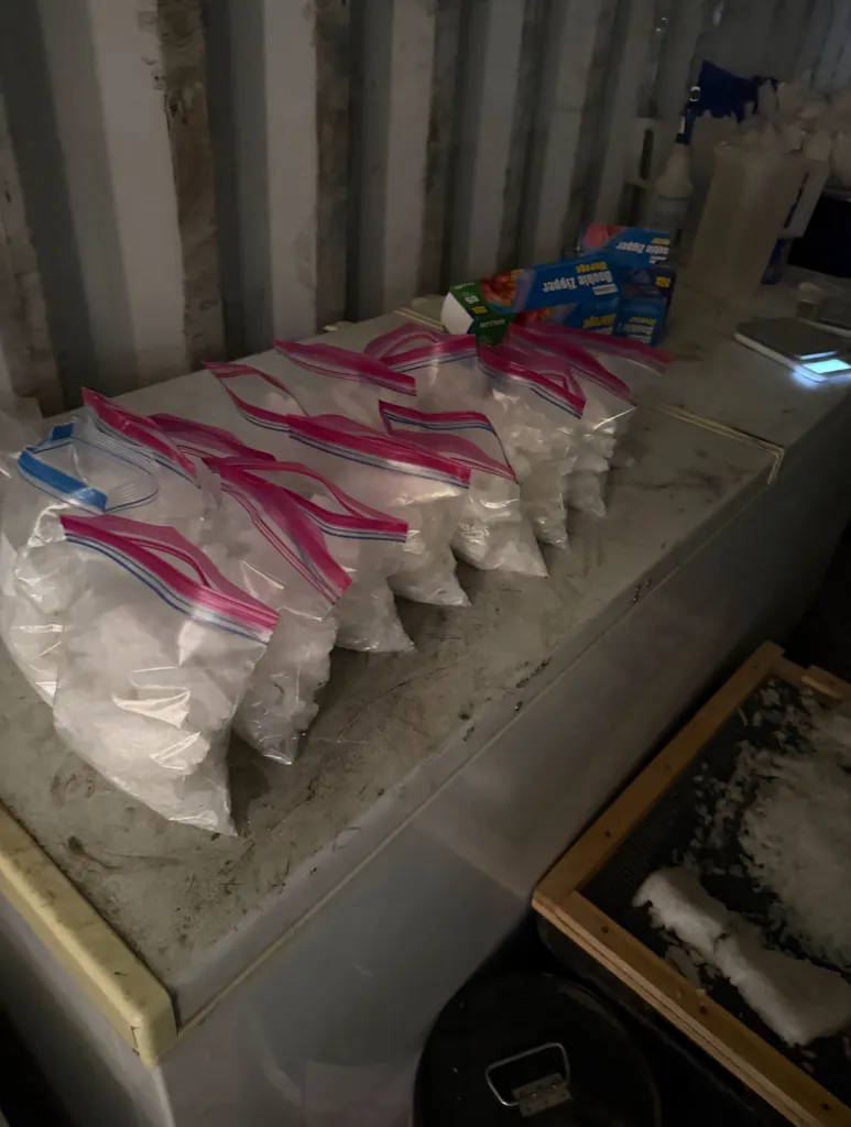 Bags of methamphetamine and production materials found in a Palmdale drug bust.