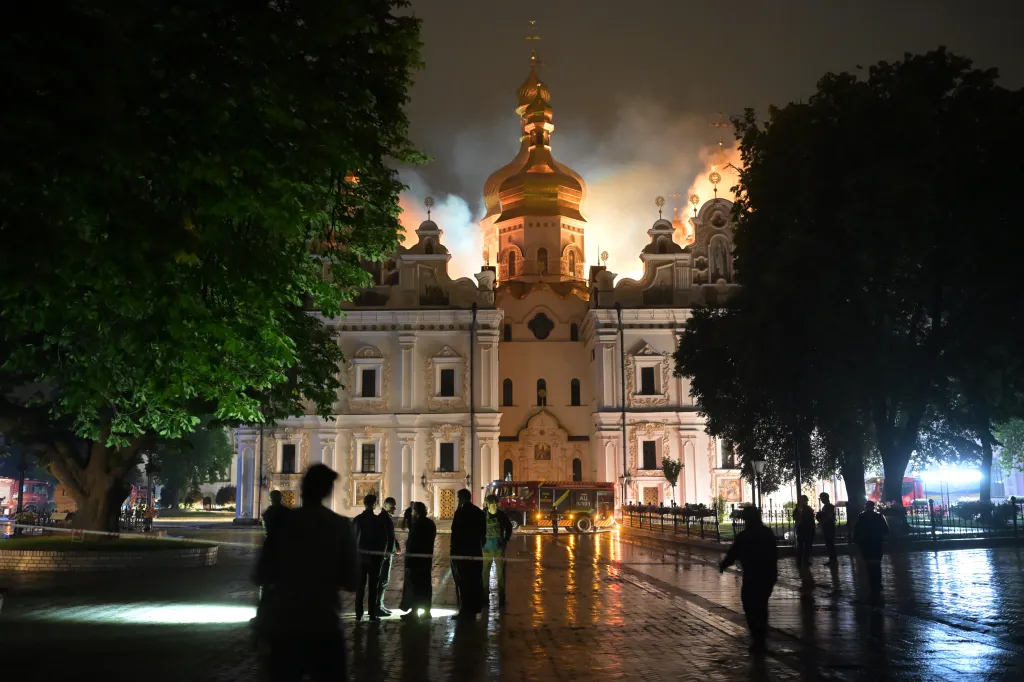 The roof of the Dormition Cathedral of the Kyiv-Pechersk Lavra burns, Monday, June 15, 2026. 