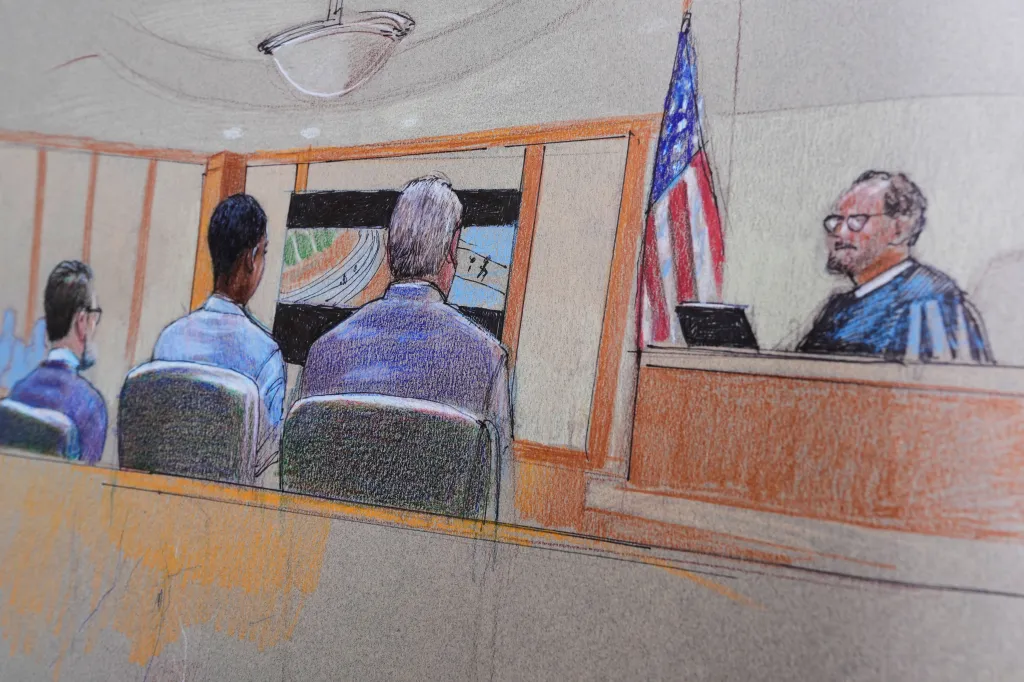 Illustration of a courtroom with three people watching a screen displaying a track field, and a judge sitting on the right.