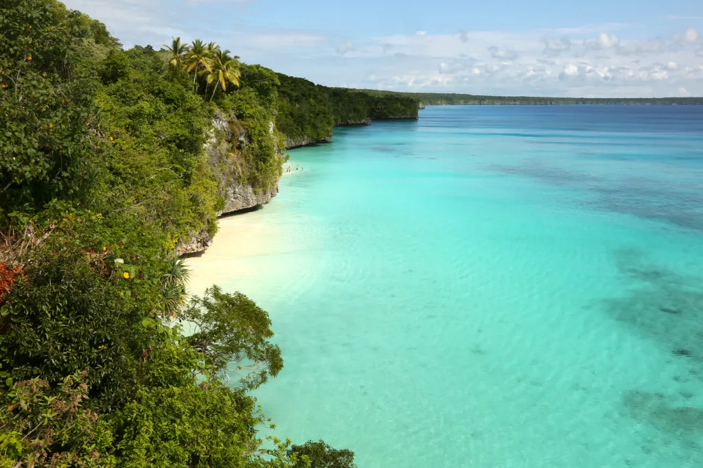 Lush green cliffs and palm trees overlook a white sand beach and turquoise blue ocean.