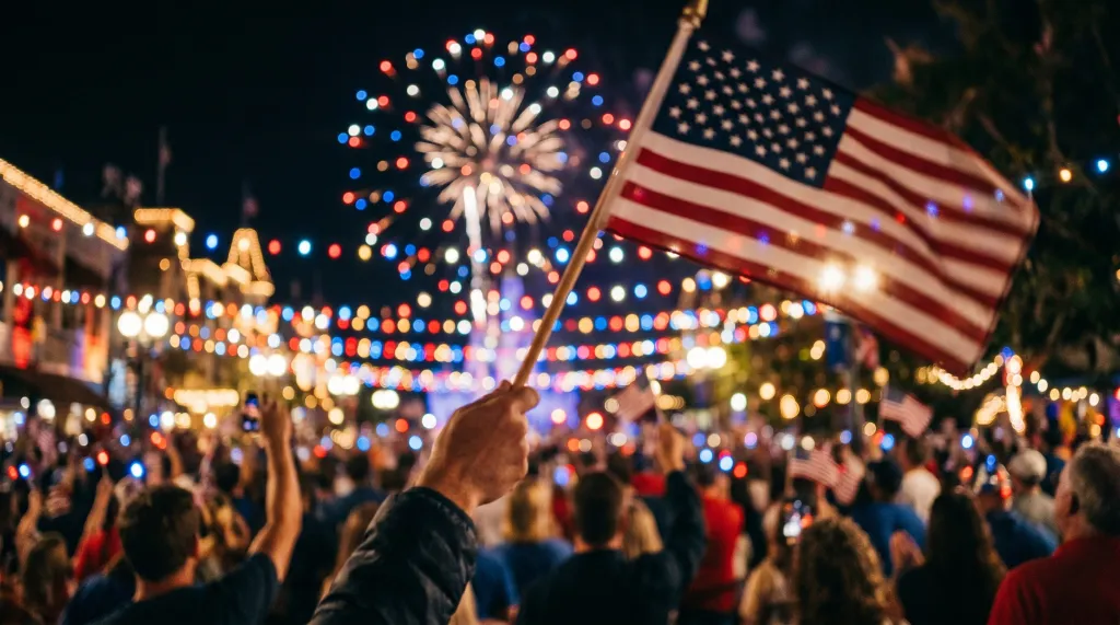 Fireworks illuminate the night sky as a crowd celebrates Independence Day, some holding American flags.