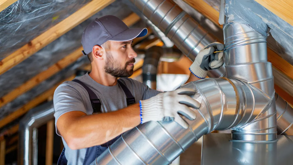 HVAC technician installing metal ventilation duct in an attic.