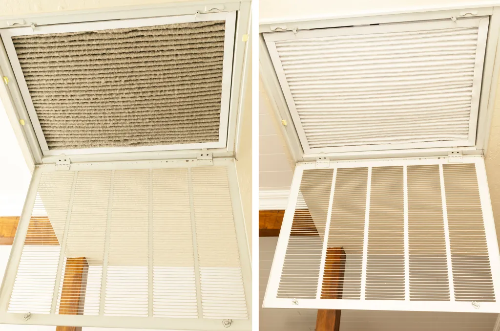 Collage showing a dirty HVAC filter before and after cleaning.