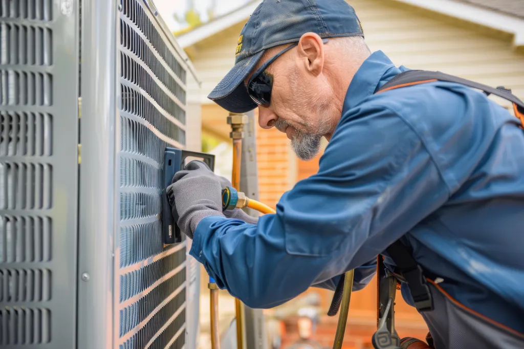 An HVAC technician repairing an air conditioner outdoors.