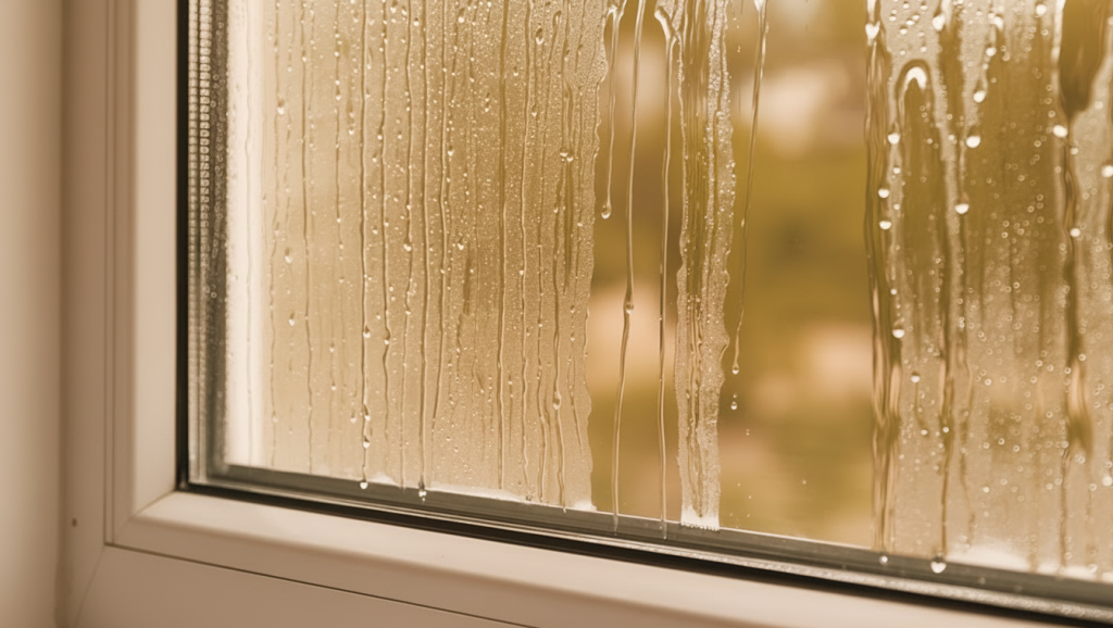Condensation and streaks of water dripping down a window pane.