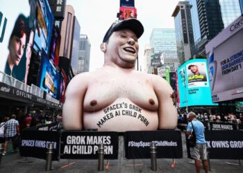 Massive Effigy of Elon Musk Raised Over Times Square to Protest Grok