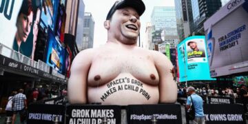 Massive Effigy of Elon Musk Raised Over Times Square to Protest Grok