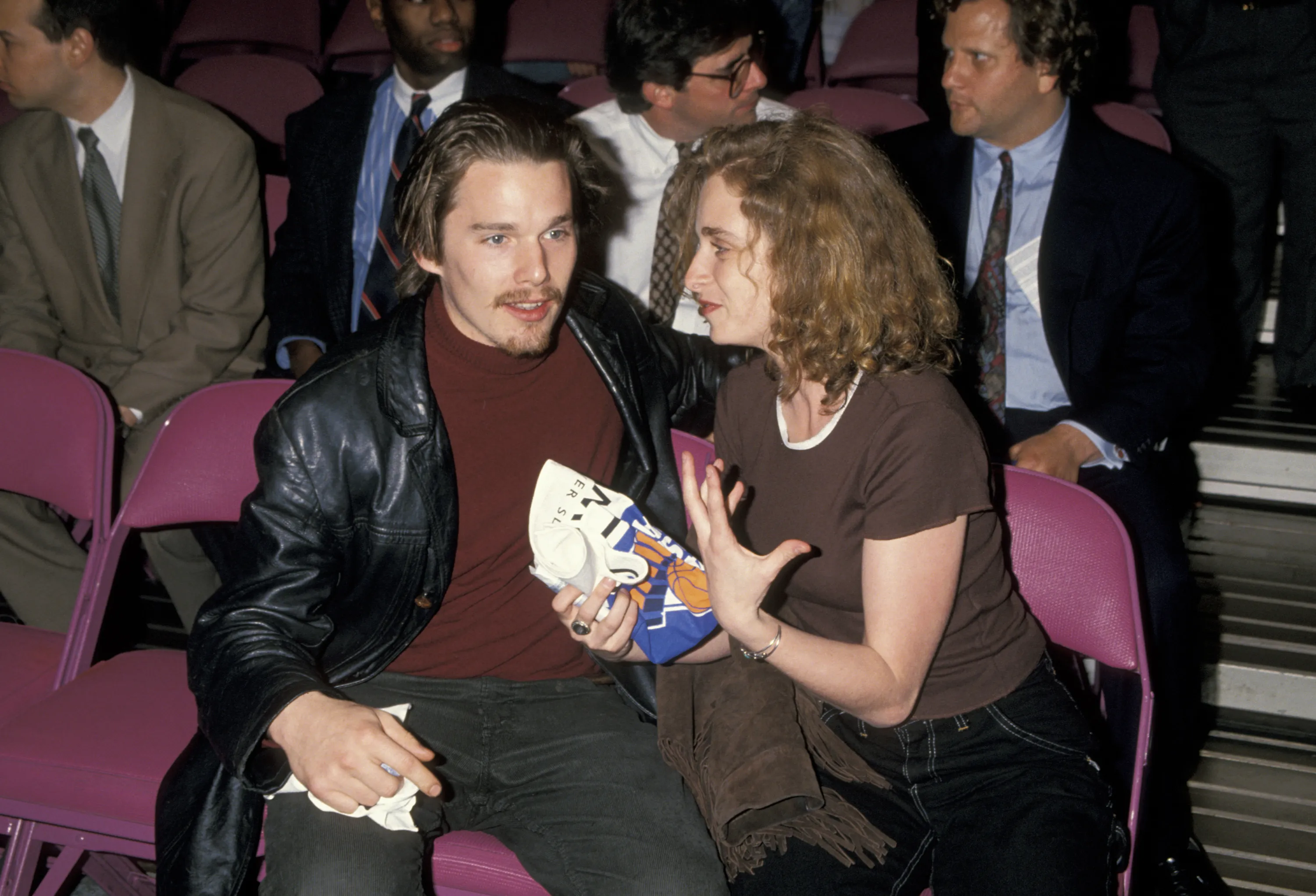 Ethan Hawke and Guest during The New York Knicks versus The Chicago Bulls Basketball Game at Madison Square Garden in New York City