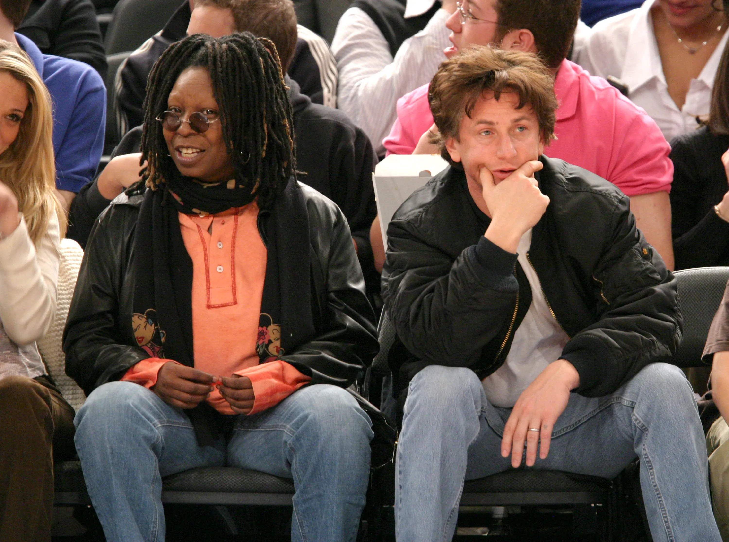 Whoopi Goldberg and Sean Penn during Celebrities Attend Atlanta Hawks vs. New York Knicks Game at Madison Square Garden in New York