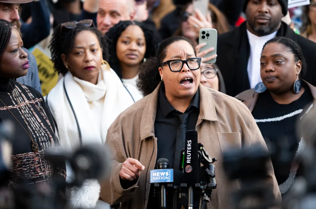 Chauntyll Allen speaks to media after her arraignment at the Warren E. Burger Federal Building and US Courthouse in St. Paul, Minn. on Feb. 13, 2026.