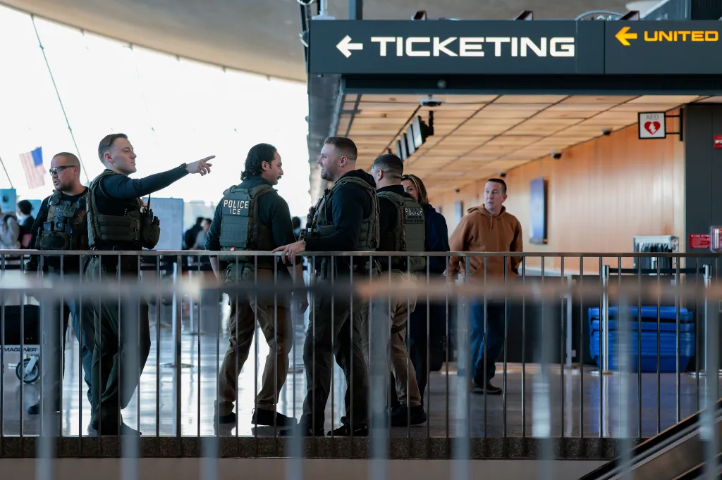 ICE agents patrol Dulles International Airport in Virginia, on March 24, 2026. 