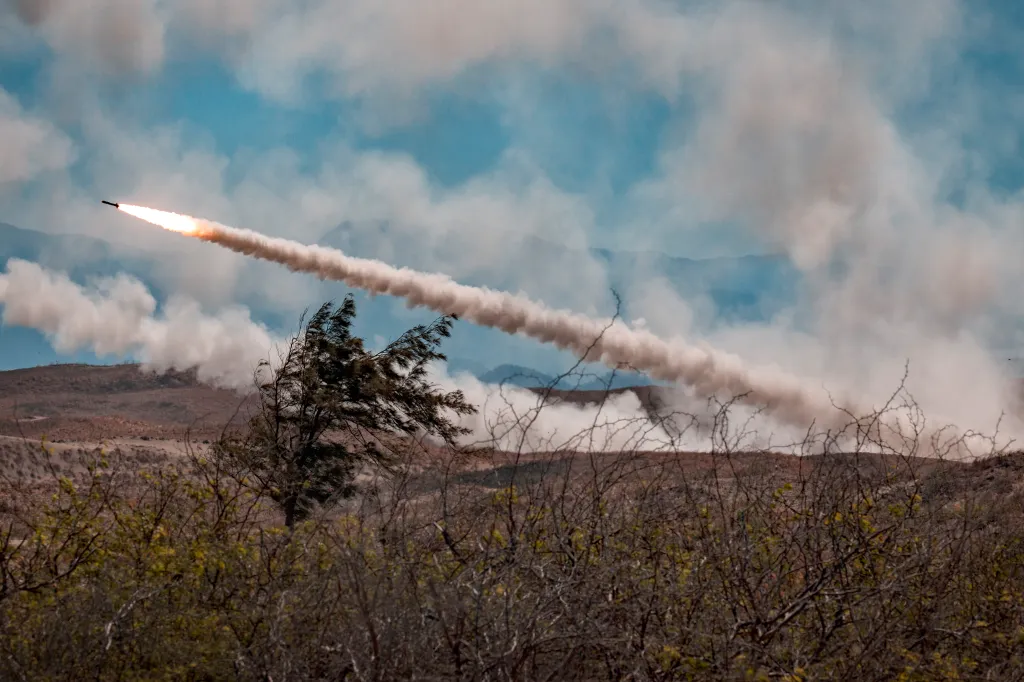 A High Mobility Artillery Rocket System (HIMARS) fires at targets out at sea during a counter-landing live fire exercise as part of the annual Balikatan joint military drills on May 04, 2026 in Laoag, Ilocos Norte province, Philippines