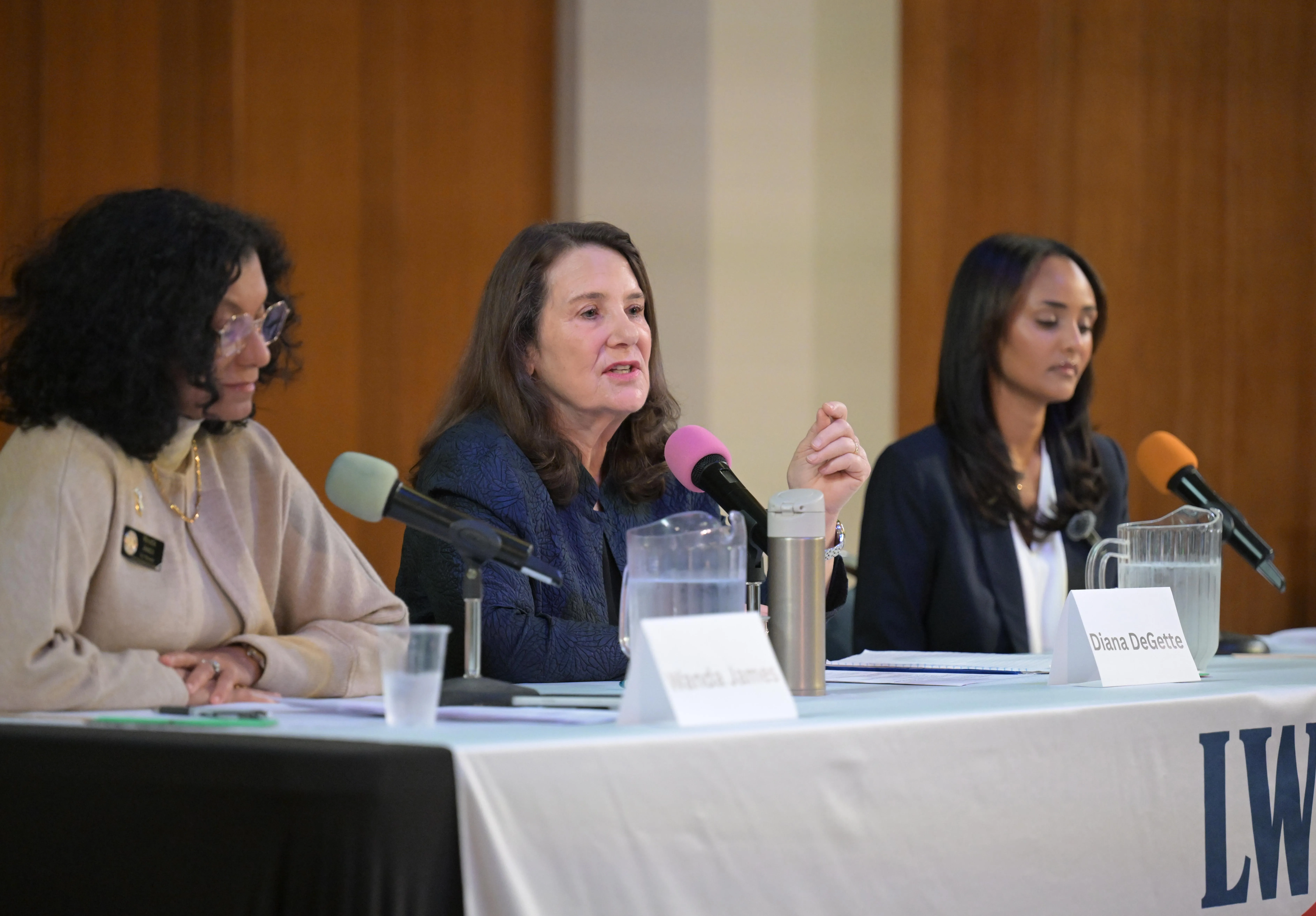 Wanda James, Diana DeGette and Melat Kiros sitting at a table and participating in a candidate forum