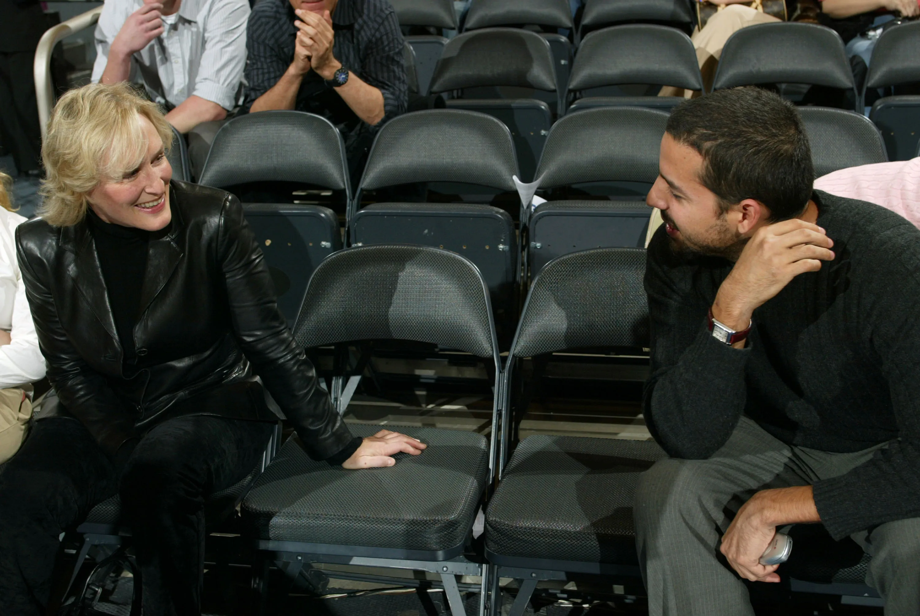 Glenn Close talks to Magician David Blaine as they attend a NBA game between the Miami Heat and the New York Knicks December 30, 2003 at Madison Square Garden in New York, NY. 