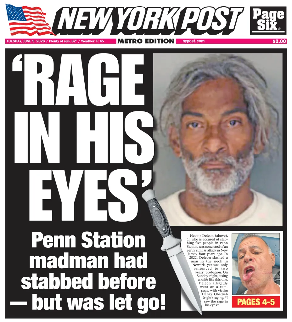 Front page of the New York Post with a large headline 