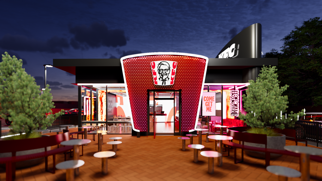 Illustration of the exterior of a KFC restaurant at night.