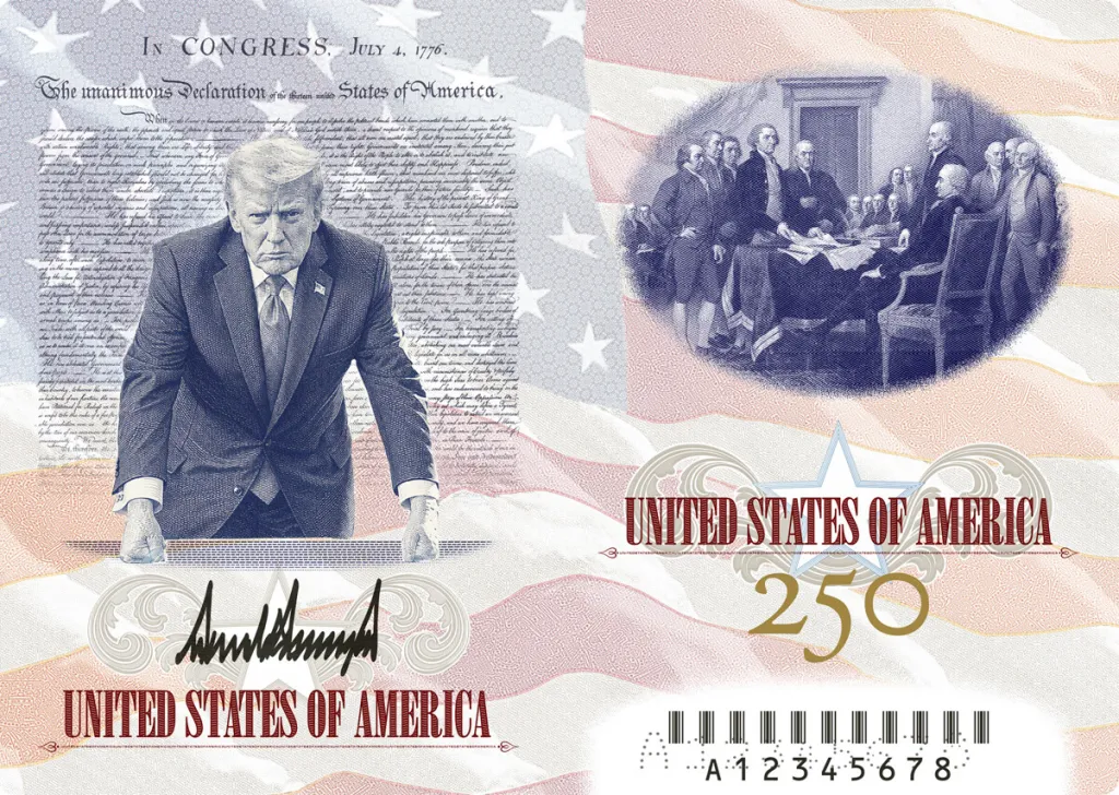 Illustration of a US passport with Donald Trump, the Declaration of Independence, and the Signing of the Declaration of Independence.