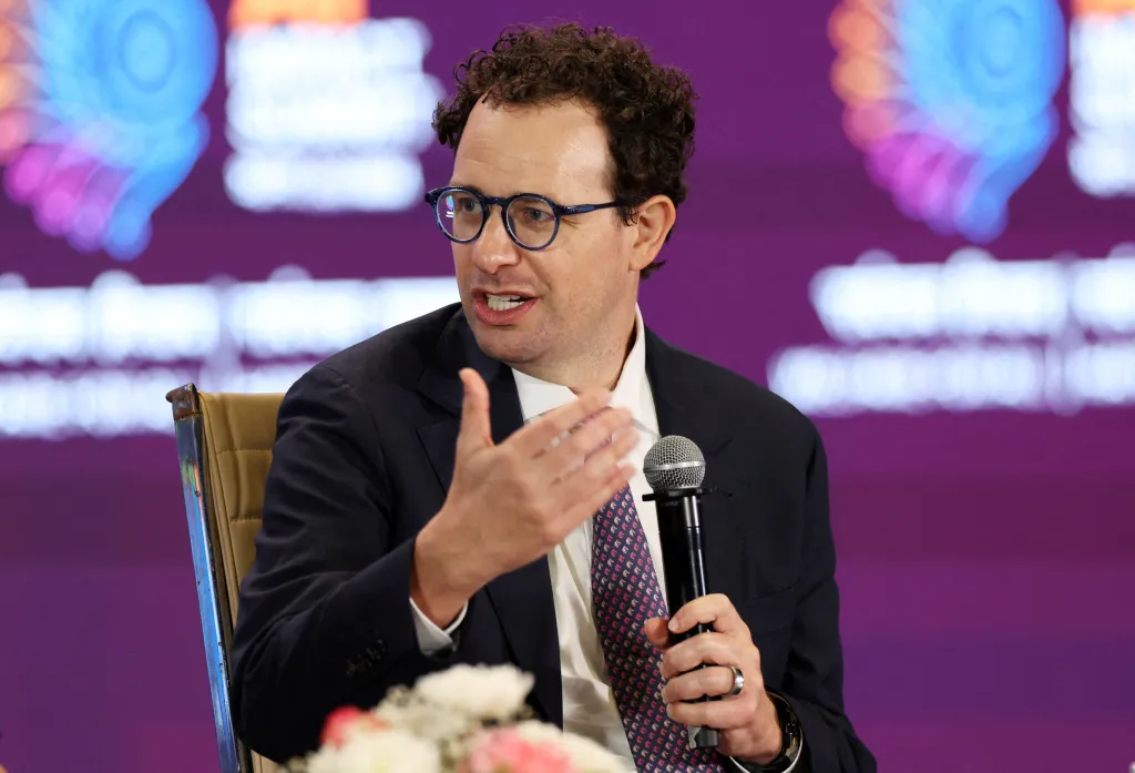 CEO of Anthropic Dario Amodei, addresses the gathering at the AI Impact Summit, in New Delhi, India, on Feb. 19, 2026.