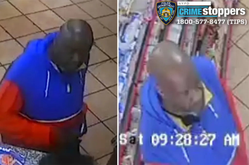 Collage of two security camera images showing a man with a shaved head wearing a blue and red hoodie.
