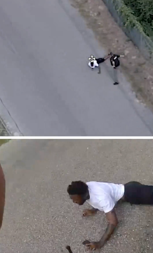 A sheriff's deputy orders Kenon to the ground during his arrest. 