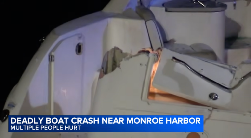 Damage to one of the boats involved in the deadly crash on Lake Michigan on June 25m 2026.