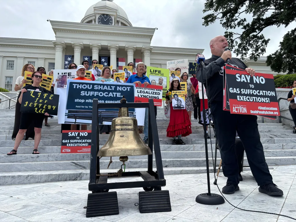 Abraham Bonowitz, of the group Death Penalty Action, leads a demonstration outside the Capitol in Montgomery, Ala., on Monday, June 8, 2026, to oppose an upcoming execution in Alabama. 