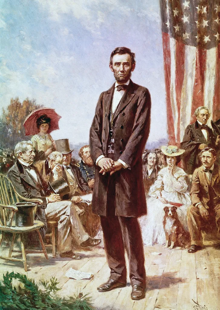 Painting of Abraham Lincoln standing at the Gettysburg Address with an American flag and attendees.