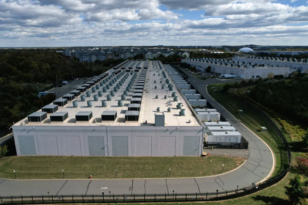 Aerial view of an Amazon Web Services Data Center (US East 1) in Ashburn, Virginia.