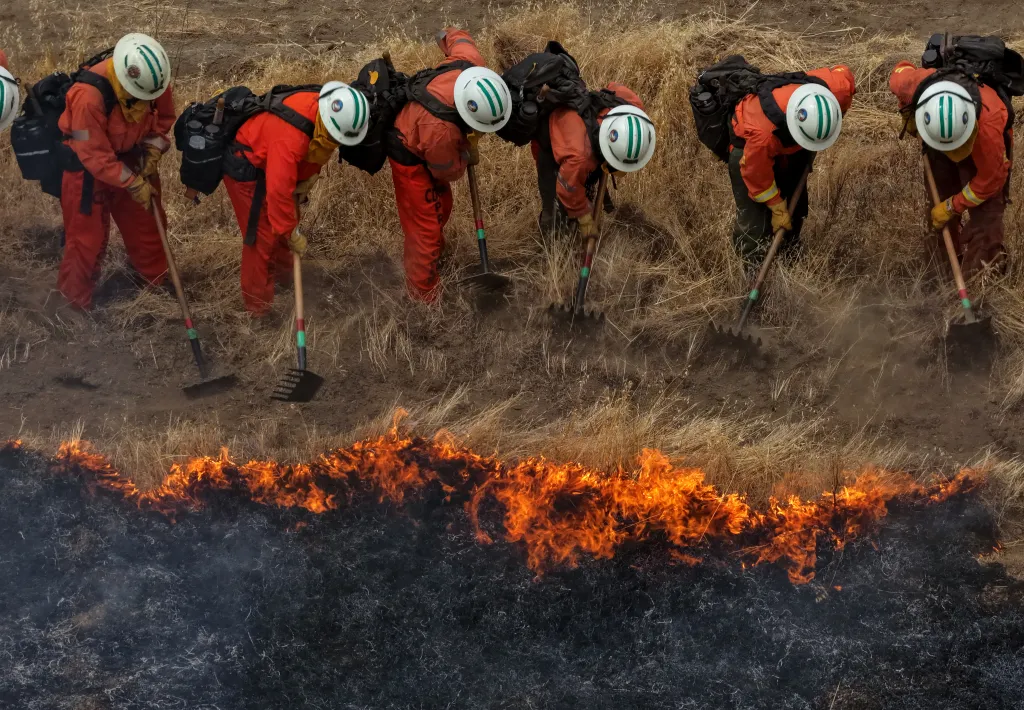 Aerial view of California inmate firefighters using hand tools to battle a grass fire during a live fire wildland training exercise.