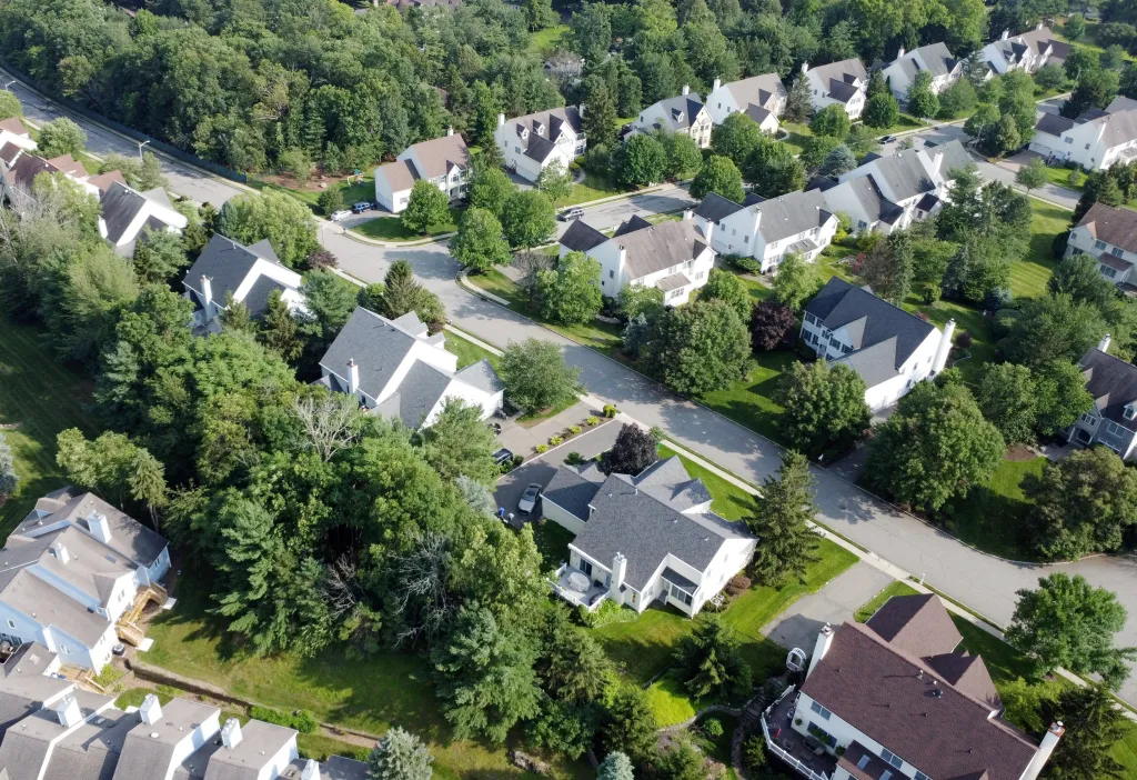 Aerial view of a residential suburban neighborhood in West Orange, New Jersey.