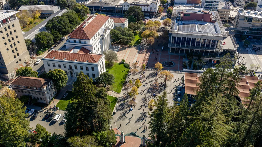 Aerial view of a university campus quad in Northern California, with students passing through.