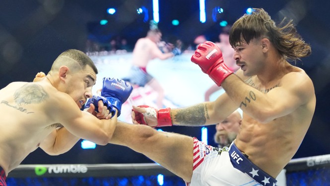Diego Lopes fights Steve Garcia in a featherweight bout during UFC Freedom 250.