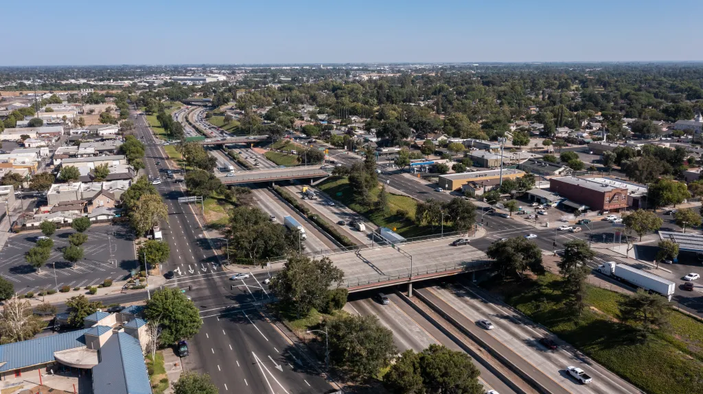 Aerial view of the 99 Freeway and downtown Modesto, California.