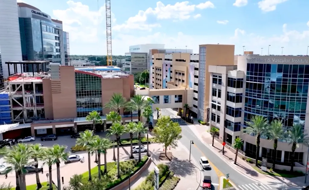 Aerial view of the Orlando Health Heart & Vascular Institute building and surrounding campus.