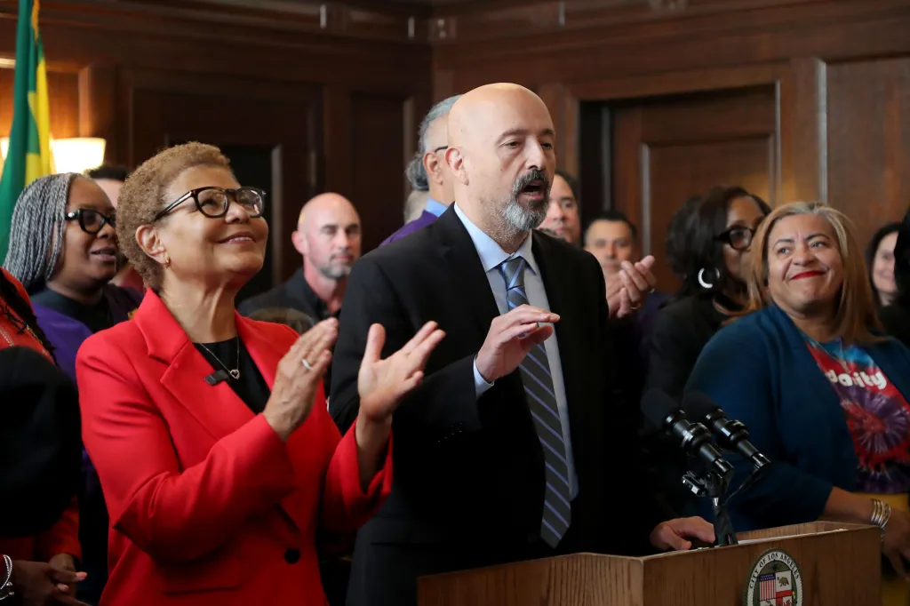 Andres Chait, LAUSD acting Superintendent, speaking at a press conference with LA Mayor Karen Bass and others.