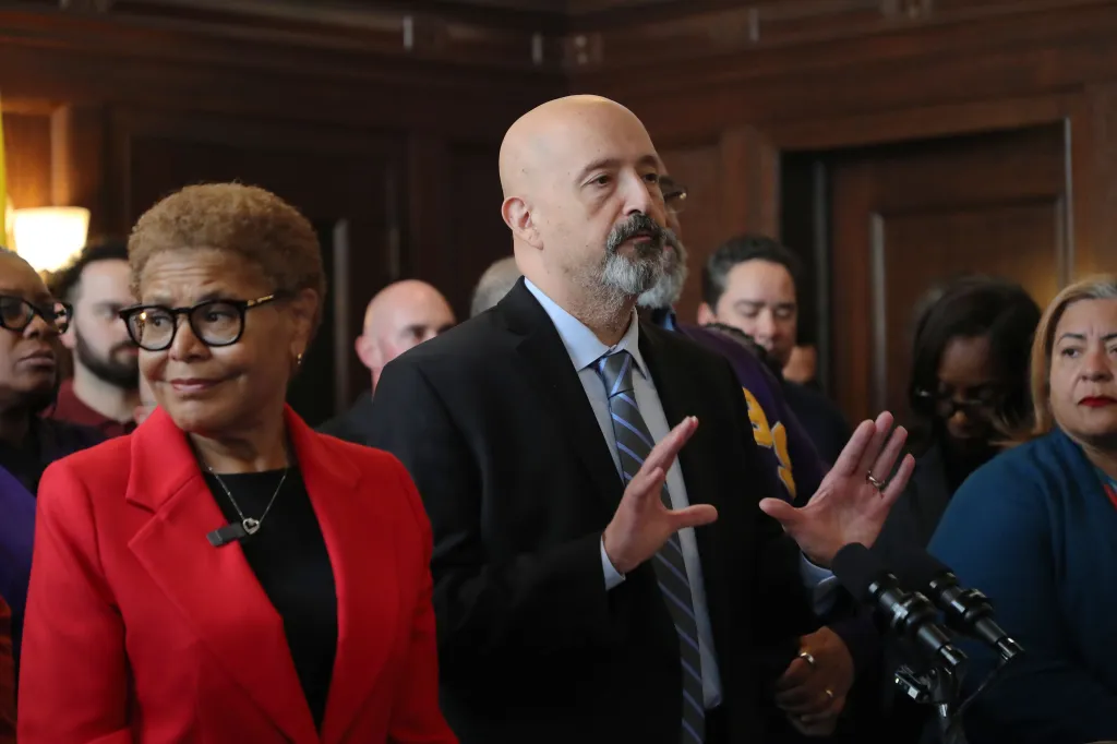 LA Mayor Karen Bass and LAUSD acting Superintendent Andres Chait speak at a press conference.