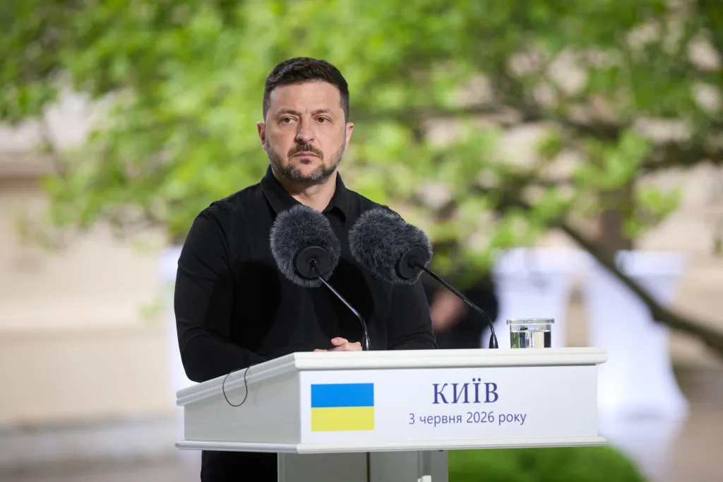 Ukrainian President Volodymyr Zelensky speaks at an event with NATO Secretary General Mark Rutte in Kyiv, Ukraine, on June 3, 2026.