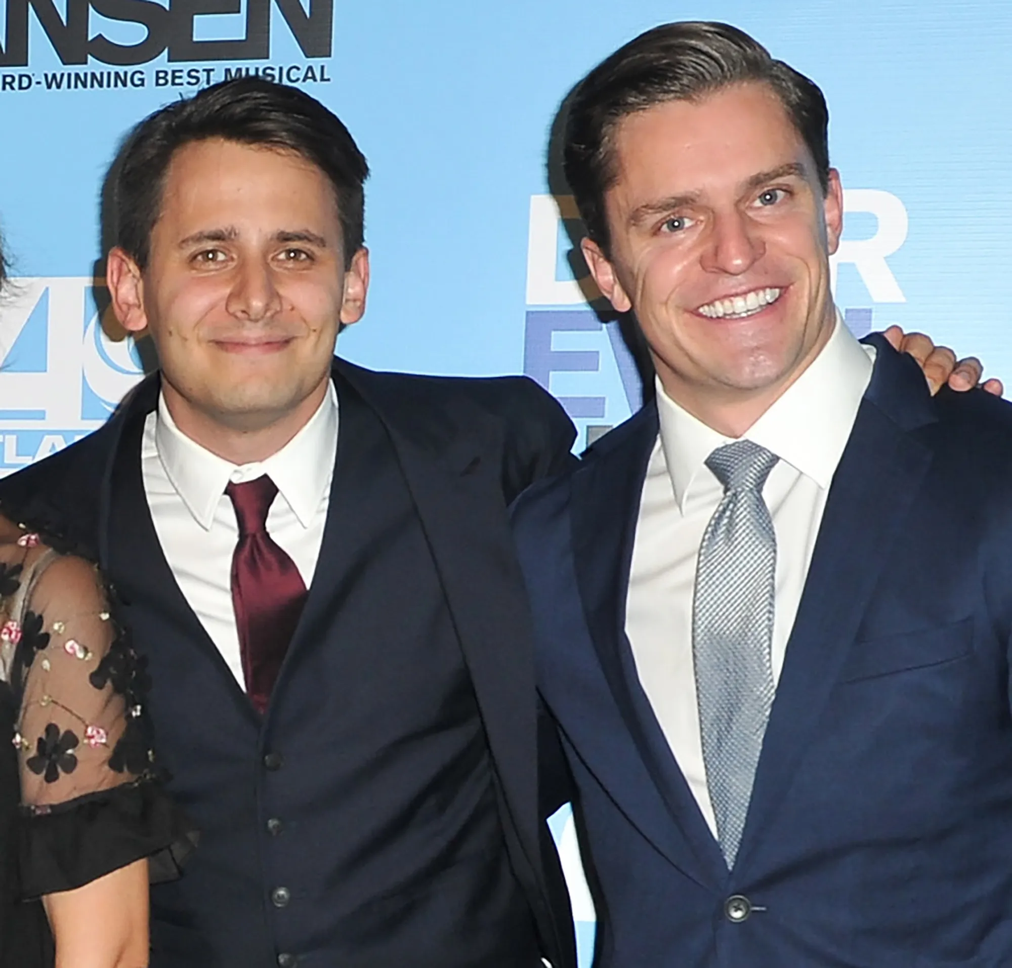 Asher Fogle Paul and Benj Pasek smiling with arms around each other at the opening night performance of 