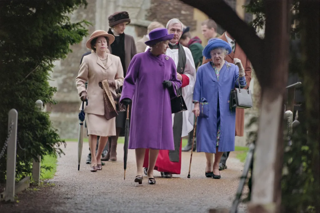 Princess Margaret, Queen Elizabeth II, and Queen Elizabeth The Queen Mother arriving for Christmas Day service.