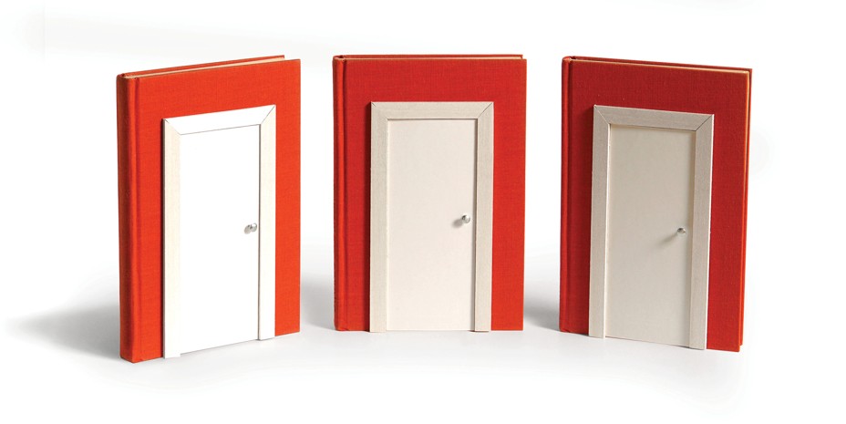 illustration with three red books standing on end, each with a white door in the middle